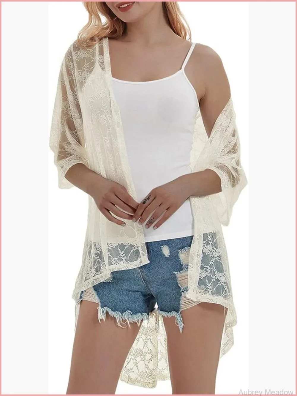 Lace Cardigan Open Front 3/4 Sleeve Embroidered Midi Kimono Cover Up